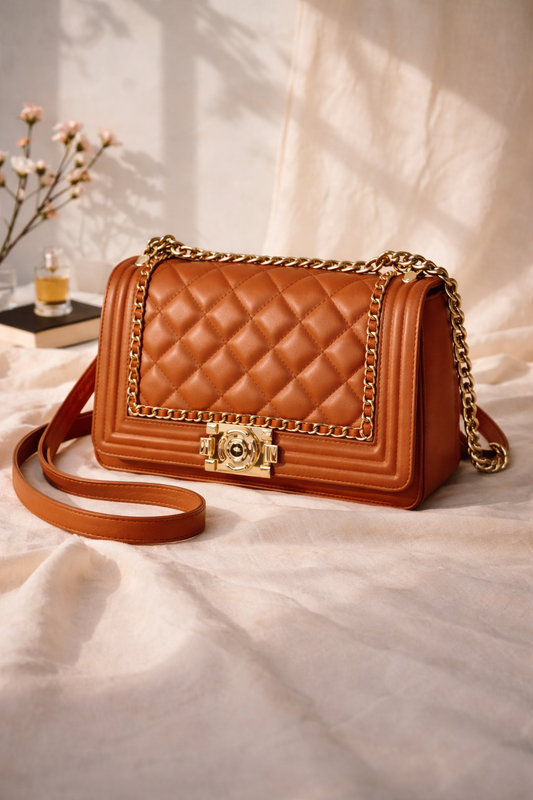 Cognac Quilted Chain Luxe
